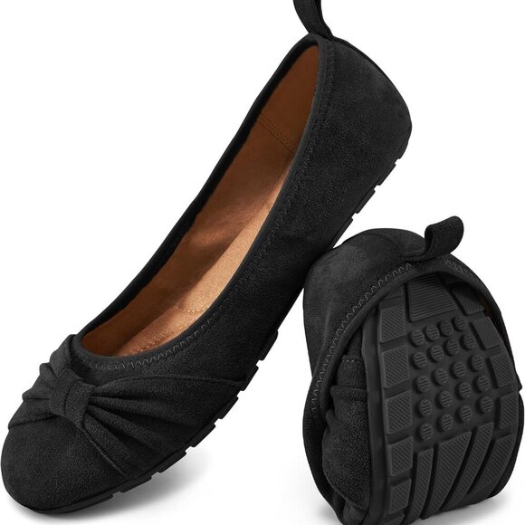 Women's Suede Flats 6 Black Foldable Bowknot Comfort Slip On Casual - Picture 1 of 6